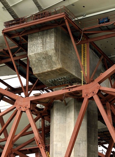 Pier E-2 of the eastern section of the new Bay Bridge contains the 32 anchor rods that fractured when tightened in March, triggering the ensuing investigation of other bolts and rods. Photo: Michael Macor, The Chronicle