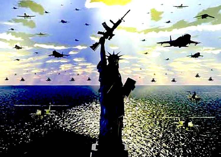 Statue of Liberty holding a rifle, surrounded by planes.